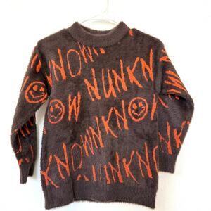 UNKNOWN Graphic Pullover Brown Orange Luxe Soft Knit Smiley Face Indie Emo XS